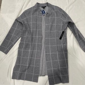 Tahari Gray Plaid Open Front Cardigan